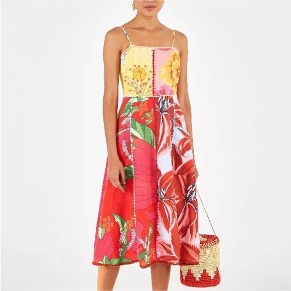 FARM Rio Dresses & Skirts - Farm Rio Mixed Garden Dress Floral Patch Linen Midi Sz XS Boho Beachy Wedding